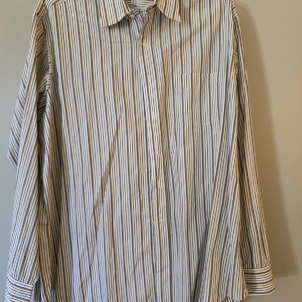 Neiman Marcus Beige and White Striped Dress Shirt